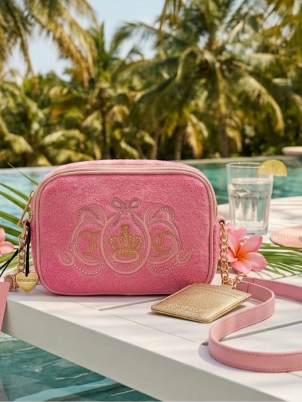 NWT Juicy Couture Pink Velour Heritage Camera Crossbody Bag Crown Logo Charms